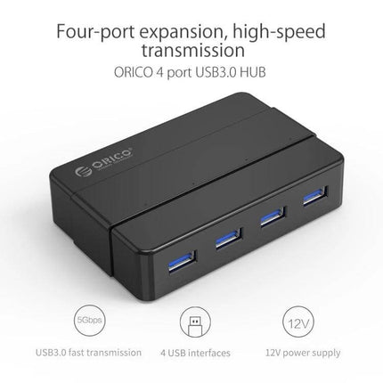 ORICO 4-Port USB 3.0 Hub for Smartphones and Tablets black compact 4-port USB 3.0 hub showing four blue ports for high-speed expansion