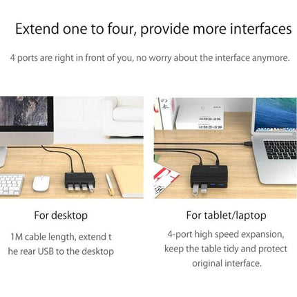 ORICO 4-Port USB 3.0 Hub for Smartphones and Tablets on desk showing four ports connected to desktop and laptop for expansion