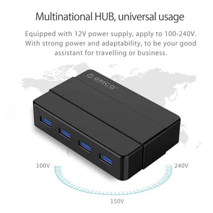 ORICO 4-Port USB 3.0 Hub for Smartphones and Tablets black travel-friendly 4-port USB 3.0 hub with universal 100-240V power supply