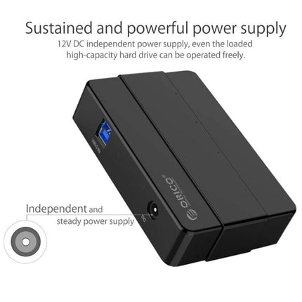ORICO 4-Port USB 3.0 Hub for Smartphones and Tablets black hub with independent 12V power supply and four USB 3.0 ports shown