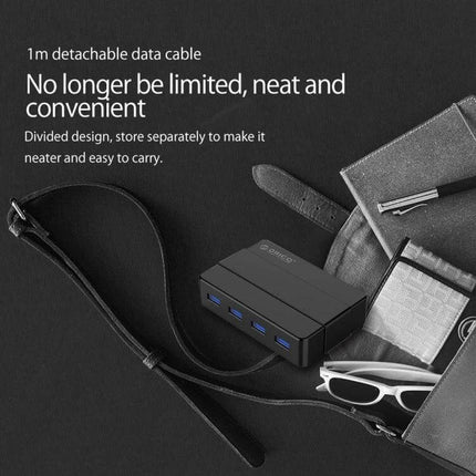 ORICO 4-Port USB 3.0 Hub for Smartphones and Tablets compact hub with 1m detachable cable, four blue USB 3.0 ports shown next to travel accessories