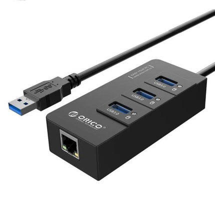 Orico USB Hub with Ethernet Adapter for Computers showing three USB 3.0 ports and a Gigabit Ethernet port