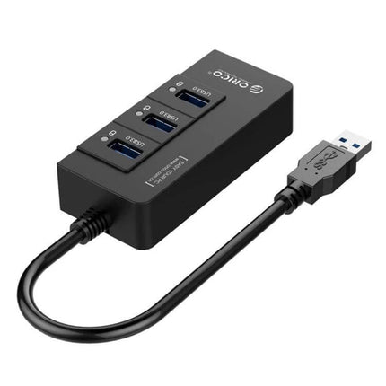 Orico USB Hub with Ethernet Adapter for Computers showing three USB 3.0 ports and Gigabit Ethernet port on compact black adapter