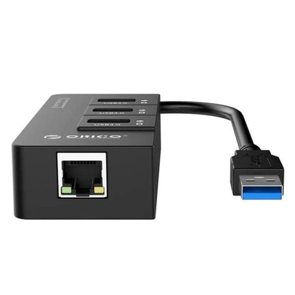 Orico USB Hub with Ethernet Adapter for Computers showing three USB 3.0 ports and Gigabit Ethernet port, compact black design