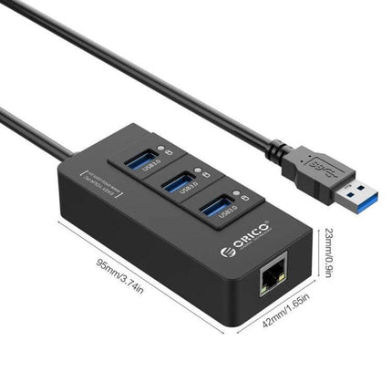 Orico USB Hub with Ethernet Adapter for Computers showing three USB 3.0 ports and one Gigabit Ethernet port