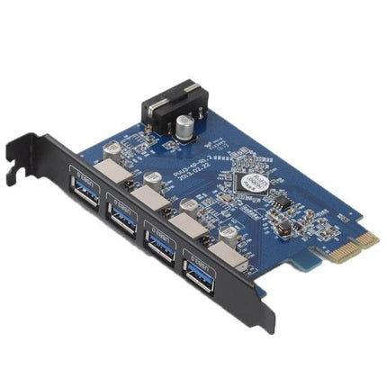 Orico 4-Port USB 3.0 PCI Express Card for Desktop Use showing four blue USB 3.0 ports and PCIe connector on a blue circuit board