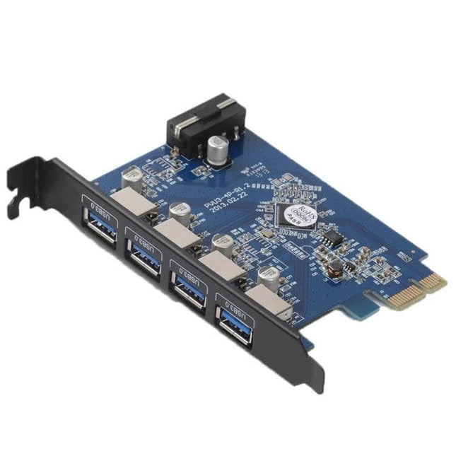 Orico 4-Port USB 3.0 PCI Express Card for Desktop Use - blue PCB with four USB 3.0 ports and PCIe connector