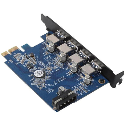 Orico 4-Port USB 3.0 PCI Express Card for Desktop Use - blue PCB with four external USB 3.0 ports and Molex power connector