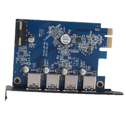 Orico 4-Port USB 3.0 PCI Express Card for Desktop Use installed in a desktop PCIe slot showing four USB 3.0 ports