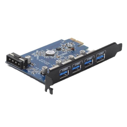 Orico 4-Port USB 3.0 PCI Express Card for Desktop Use – blue PCB expansion card with four USB 3.0 ports and Molex power connector