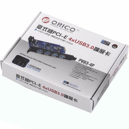 Orico 4-Port USB 3.0 PCI Express Card for Desktop Use - boxed product showing PCIe card with four USB 3.0 ports