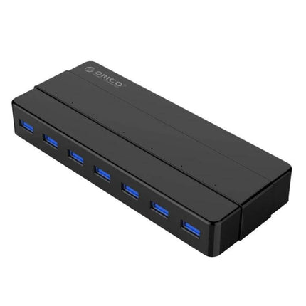Orico 7-Port USB 3.0 Hub for Expanding Desktop Connections - black desktop USB hub with seven blue USB 3.0 ports and compact design