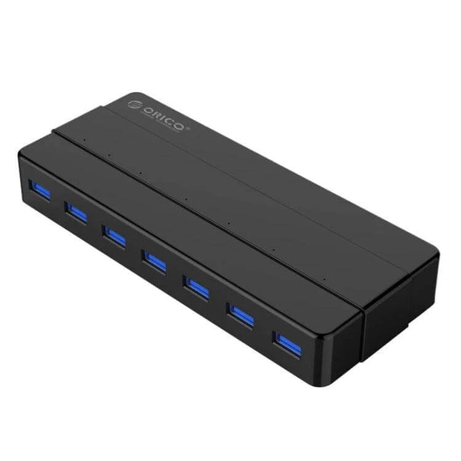 Orico 7-Port USB 3.0 Hub for Expanding Desktop Connections - black desktop USB hub with seven blue USB 3.0 ports for fast 5Gbps data transfer