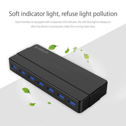 Orico 7-Port USB 3.0 Hub for Expanding Desktop Connections black hub with seven blue USB ports and soft LED indicators