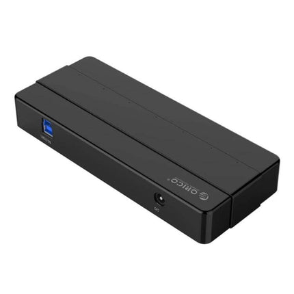 Orico 7-Port USB 3.0 Hub for Expanding Desktop Connections black rectangular hub with 7 USB ports, 5Gbps data transfer, compact desktop cable organizer