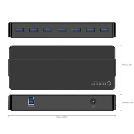 Orico 7-Port USB 3.0 Hub for Expanding Desktop Connections black hub with seven USB 3.0 ports, dimensions and rear USB-B and DC power ports