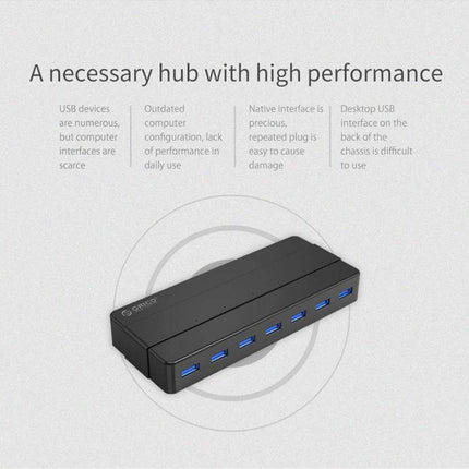 Orico 7-Port USB 3.0 Hub for Expanding Desktop Connections - black desktop hub with seven blue USB 3.0 ports and compact design