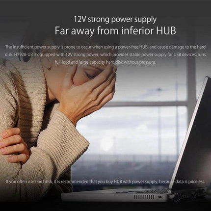 Orico 7-Port USB 3.0 Hub for Expanding Desktop Connections showing powered hub preventing data loss and reducing cable clutter near a laptop