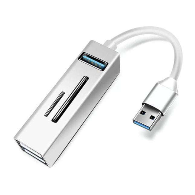 Multi-Functional USB 3.0 Hub for Connecting Peripherals and Memory Cards - compact silver hub with USB-A and SD/TF card slots