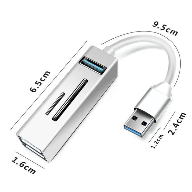 Multi-Functional USB 3.0 Hub for Connecting Peripherals and Memory Cards – compact silver USB hub with SD/TF slots and USB 3.0 port