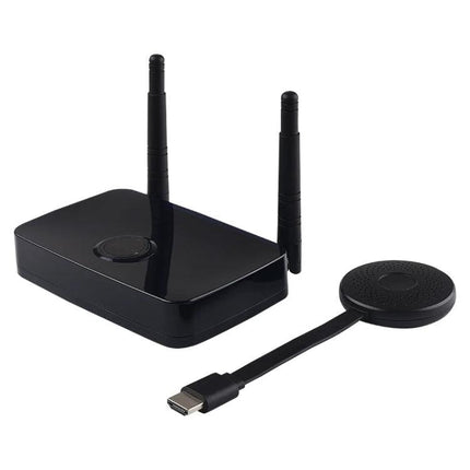 Measy Wireless HDMI Transmitter and Receiver for 50m Range black transmitter with antennas and HDMI dongle for streaming to second TV