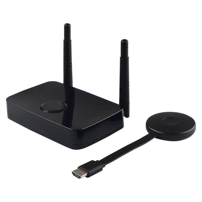 Measy Wireless HDMI Transmitter and Receiver for 50m Range black transmitter with antennas and HDMI dongle for streaming to second TV