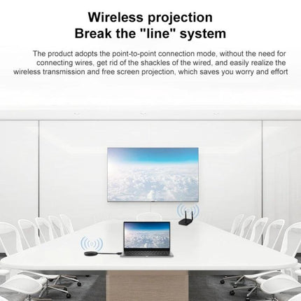 Measy Wireless HDMI Transmitter and Receiver for 50m Range showing laptop streaming to TV in conference room wirelessly