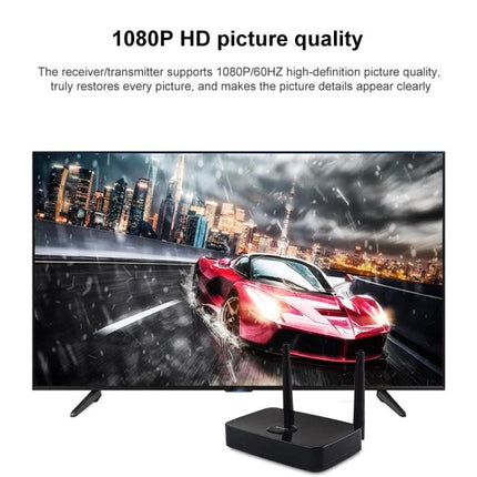 Measy Wireless HDMI Transmitter and Receiver for 50m Range showing 1080P TV display with wireless sender unit and sports car image