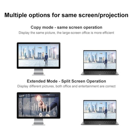 Measy Wireless HDMI Transmitter and Receiver for 50m Range showing copy and extended screen modes between desktop and laptop