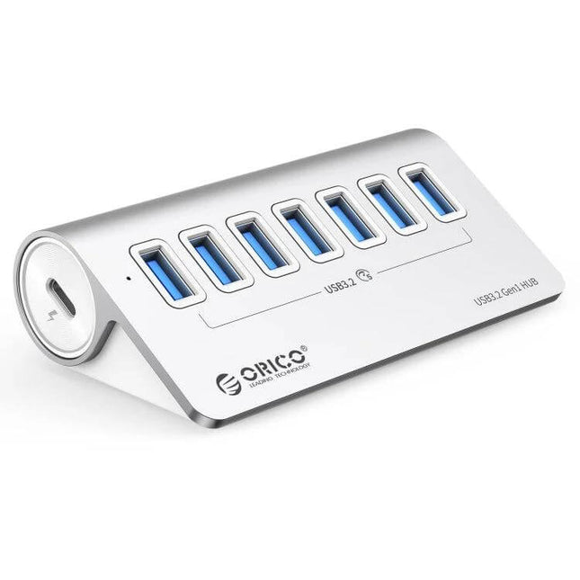 ORICO 7-Port USB Hub for Connecting Multiple Devices, angled silver USB 3.2 hub with seven blue ports for laptops and desktops