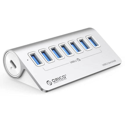 Orico Aluminum 7-Port USB Hub for Device Connections angled view showing seven USB 3.0 ports and aluminum finish