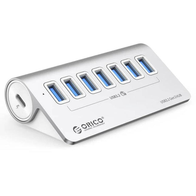 Orico Aluminum 7-Port USB Hub for Device Connections angled view showing seven USB 3.0 ports and aluminum finish
