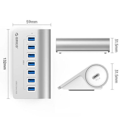 Orico Aluminum 7-Port USB Hub for Device Connections - silver aluminum USB hub with seven blue USB 3.0 ports and dimensions shown