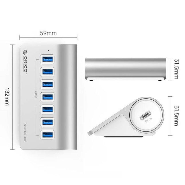 Orico Aluminum 7-Port USB Hub for Device Connections - silver aluminum USB hub with seven blue USB 3.0 ports and dimensions shown