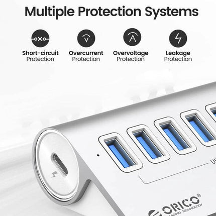 Orico Aluminum 7-Port USB Hub for Device Connections showing seven USB ports and multiple protection icons