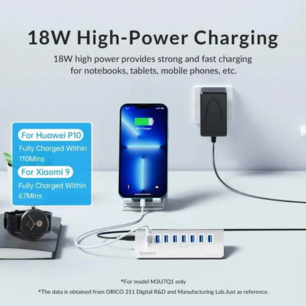 Orico Aluminum 7-Port USB Hub for Device Connections shown charging phone, smartwatch and multiple devices with 18W high-power charging