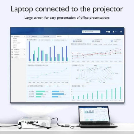 USB-C to VGA Male Adapter Cable, 1.8 Meters for Monitor Connections showing laptop connected to projector and external monitor