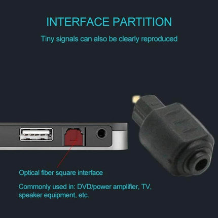 EMK Optical Fiber Adapter for Round to Square Port Conversion - black adapter shown with laptop square optical port, prevents ground loop noise