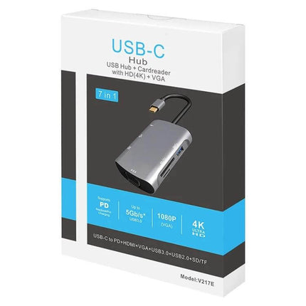 USB-C Multi-Port Docking Station for Device Connectivity — 7-in-1 USB-C hub showing HDMI, VGA, SD card slot, USB ports and PD charging