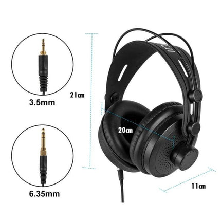 Yanmai Over-Ear Headphones Black Gold With Comfortable Padded Headband showing padded earcups, headband, 3.5mm and 6.35mm plugs