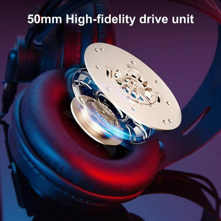 Yanmai Over-Ear Headphones Black Gold With Comfortable Padded Headband showing 50mm driver and padded PU leather ear cups