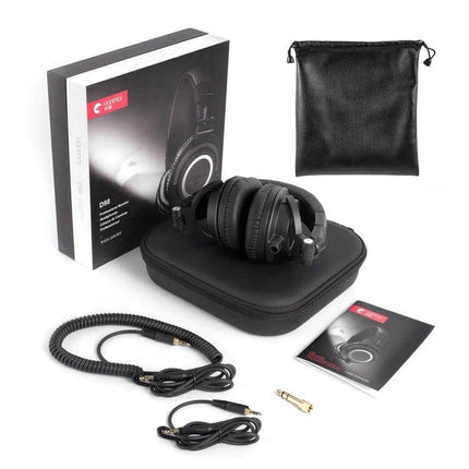 Yanmai Studio Monitoring Headphones With Comfortable Fit shown with case, coiled cable, adapter, pouch and user manual