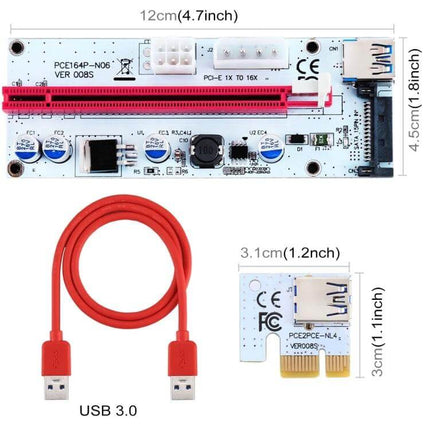 PCI-E 1x to 16x Extension Card with 60cm USB Cable in Red showing red USB 3.0 cable and PCIe riser board for GPU mining and cable routing