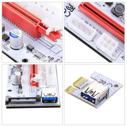 PCI-E 1x to 16x Extension Card with 60cm USB Cable in Red showing red PCIe slot, USB connector and molex power adapter