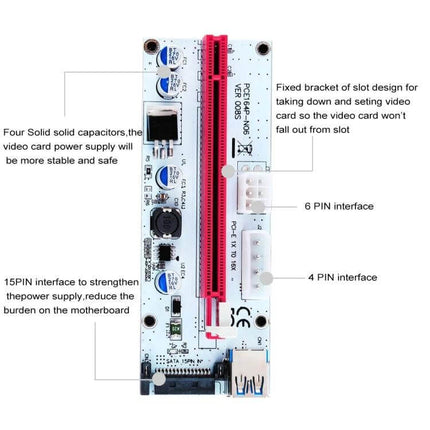 PCI-E 1x to 16x Extension Card with 60cm USB Cable in Red - red PCIe riser showing 16x slot, 60cm USB, 6-pin and 4-pin power connectors