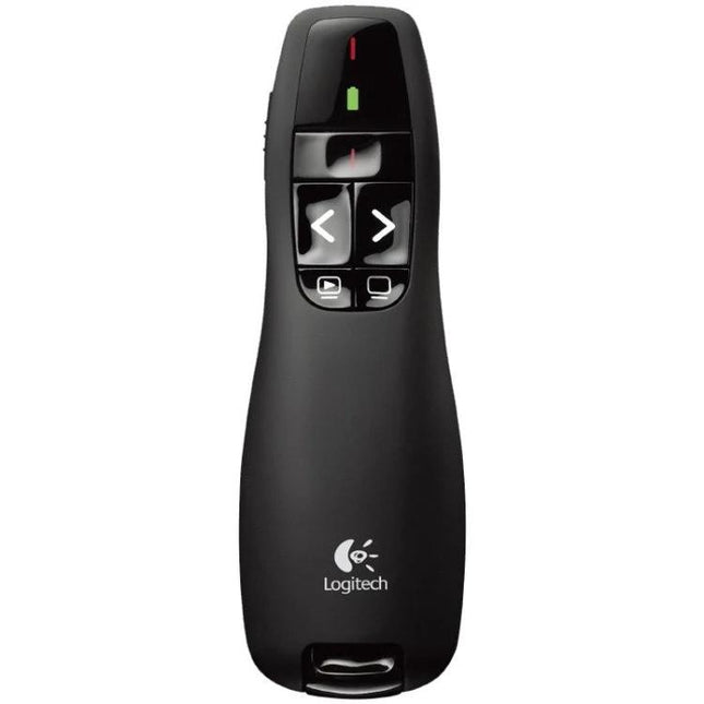 Logitech Ergonomic Wireless Presenter for PowerPoint Use black ergonomic presenter with red laser button and forward/back controls