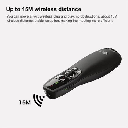 Logitech Ergonomic Wireless Presenter for PowerPoint Use showing black ergonomic design, red laser button and 15M wireless range
