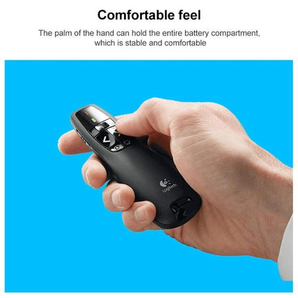 Logitech Ergonomic Wireless Presenter for PowerPoint Use in hand showing ergonomic grip, buttons and red laser control for presentations