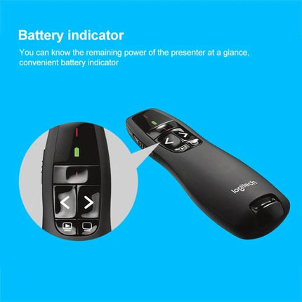 Logitech Ergonomic Wireless Presenter for PowerPoint Use showing battery indicator, red laser button and slide control on ergonomic black presenter