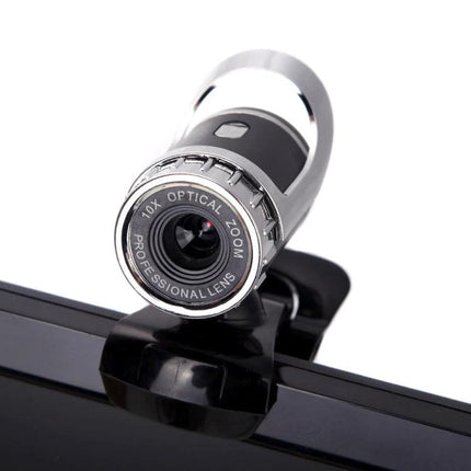 Versatile USB Webcam for Video Calls with 360-Degree Rotation and Microphone mounted on monitor, built-in mic and 10x optical zoom